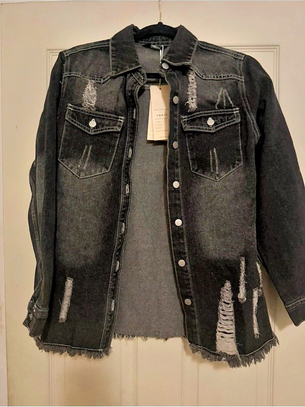 DOKOTOO Women's Oversized Distressed Boyfriend Denim Jacket Distressed Black